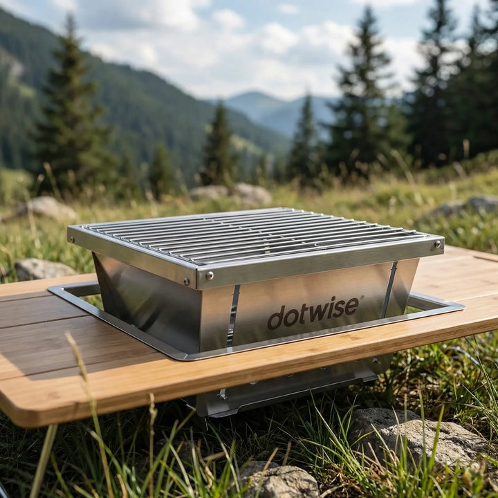 Portable folding BBQ grill for outdoor camping, tailgating, and travel. Compact charcoal grill for easy setup.