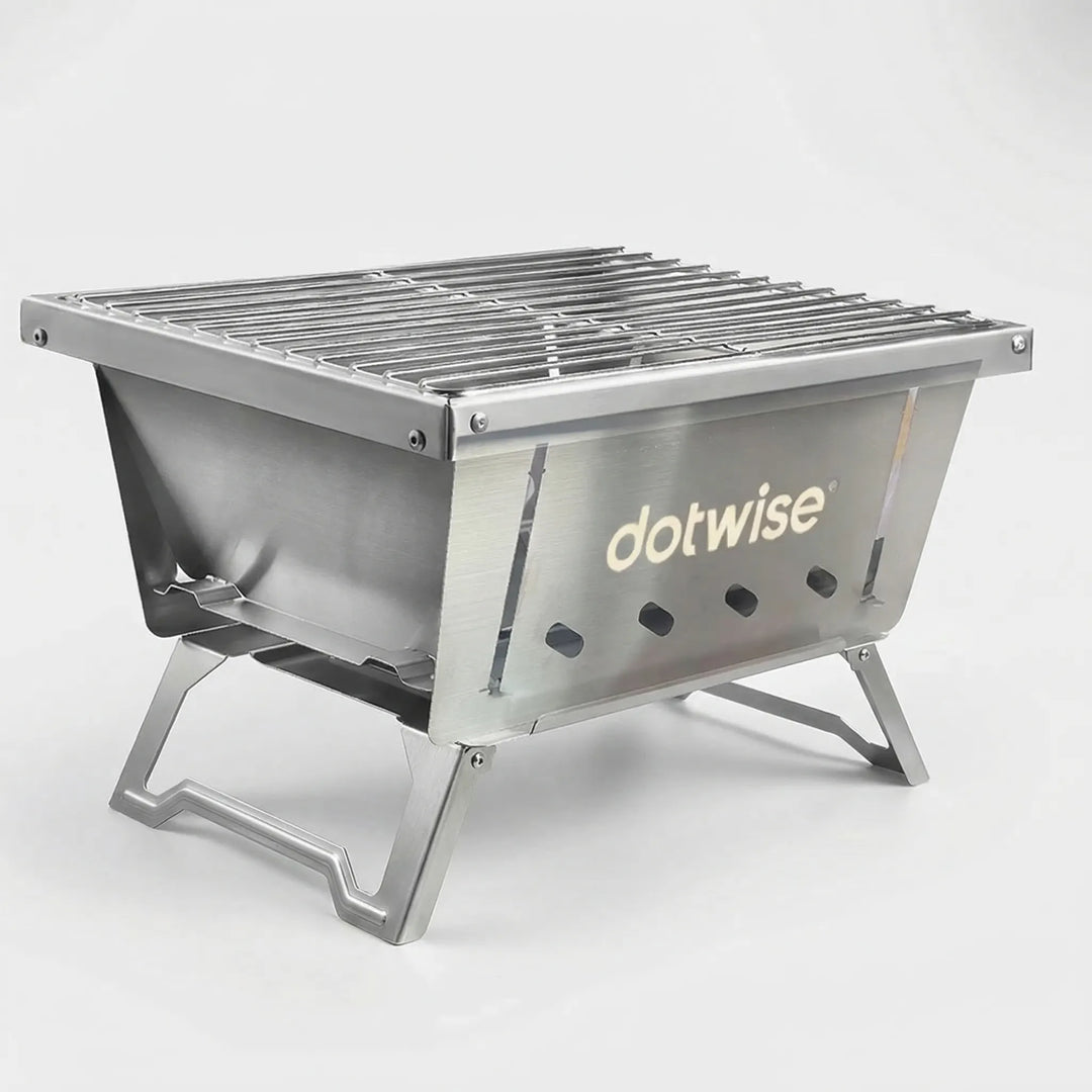 Compact folding charcoal BBQ grill with sturdy design for camping and tailgating. Ideal portable firewood grill.
