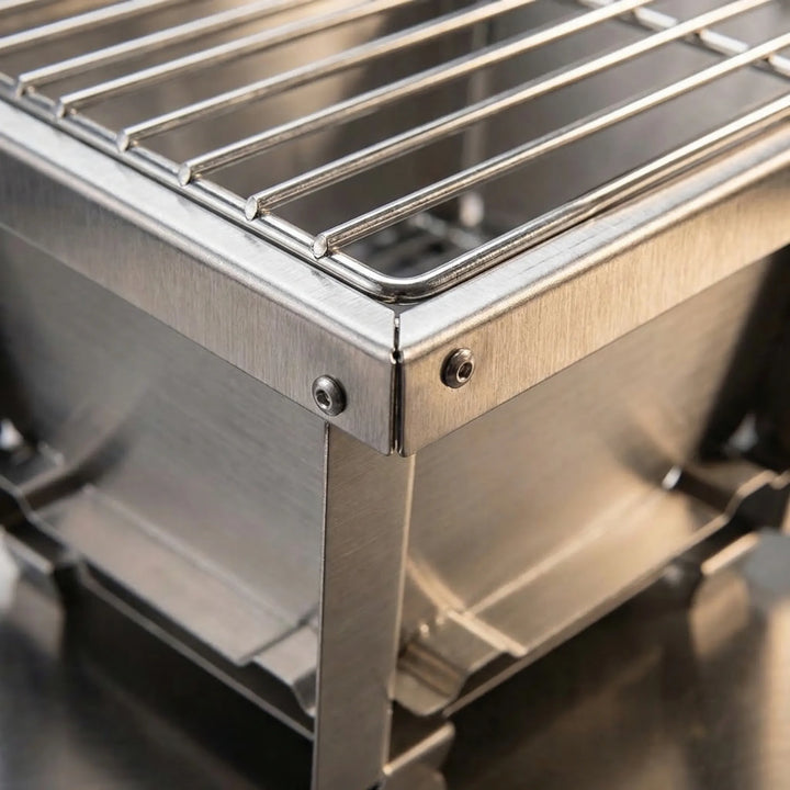 Folding outdoor BBQ grill, perfect for camping & tailgating. Portable charcoal and firewood grill for travel.