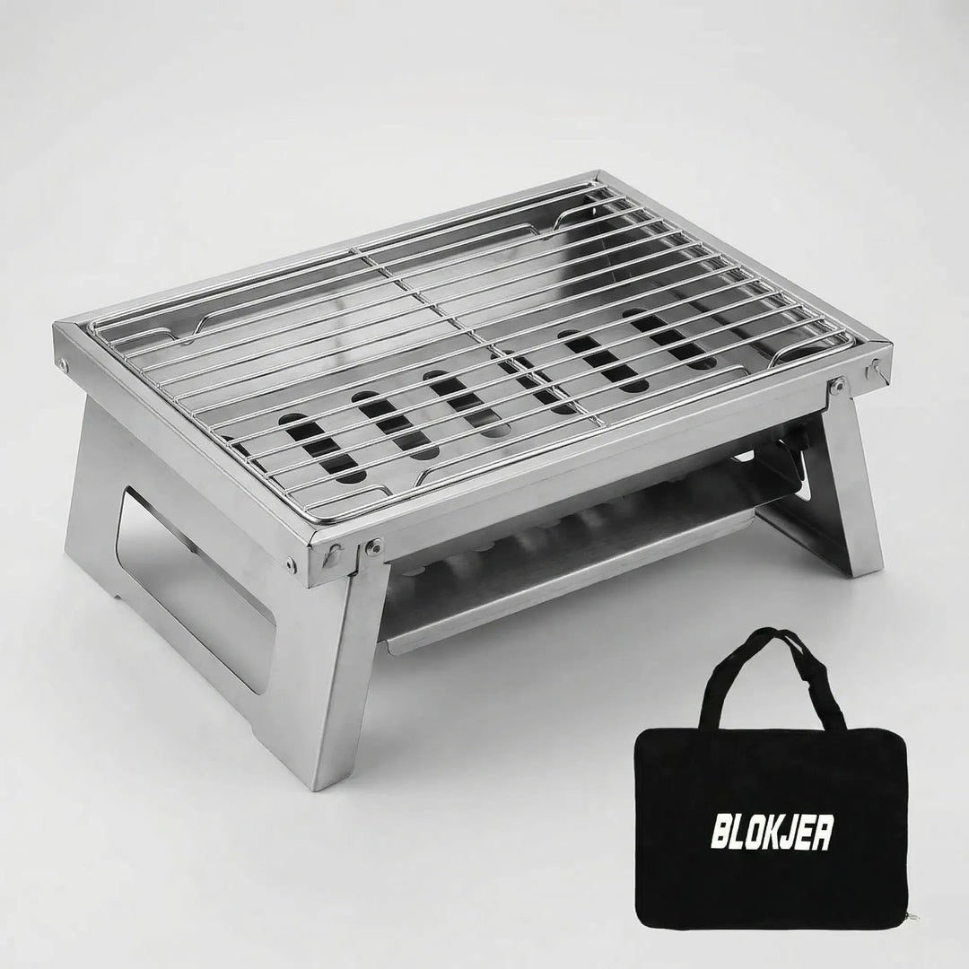 Durable portable outdoor BBQ grill, folds compact for camping & tailgating adventures. Charcoal & firewood ready.
