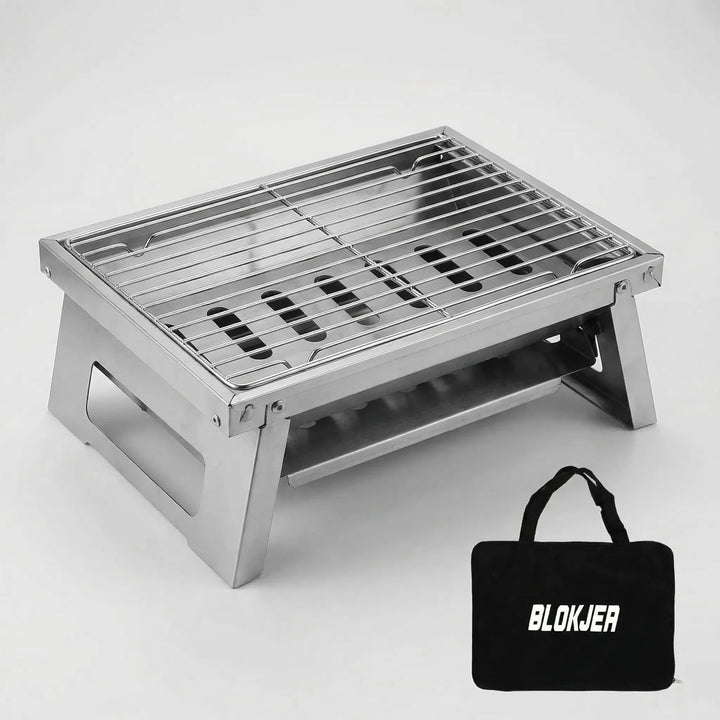 Durable portable outdoor BBQ grill, folds compact for camping & tailgating adventures. Charcoal & firewood ready.