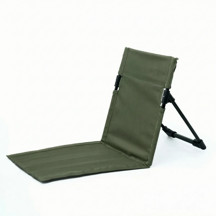 Ergonomic portable folding floor chair, providing comfortable ground seating for outdoor activities like fishing or festivals.