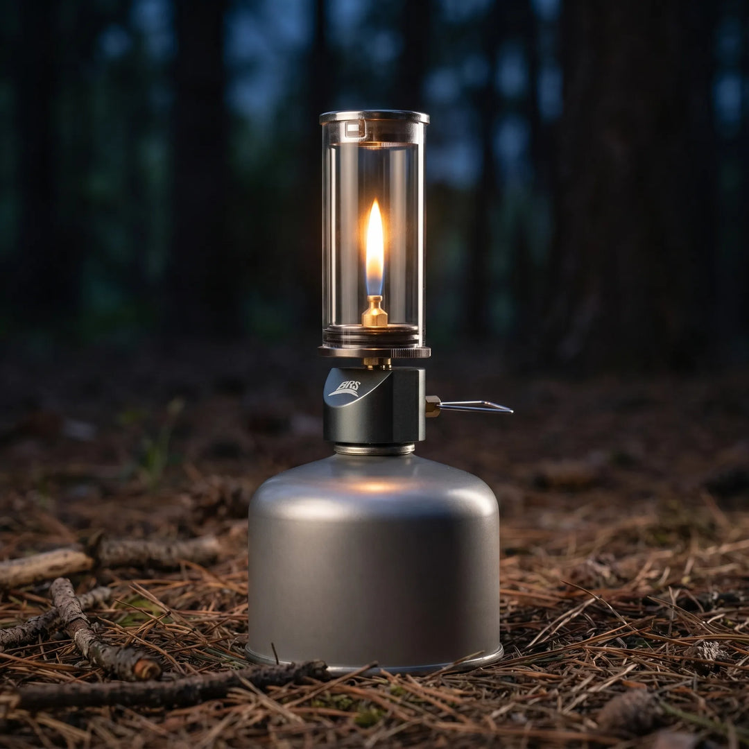 Rugged windproof gas camping lantern, perfect for illuminating tents or campsites during hiking & outdoor trips.