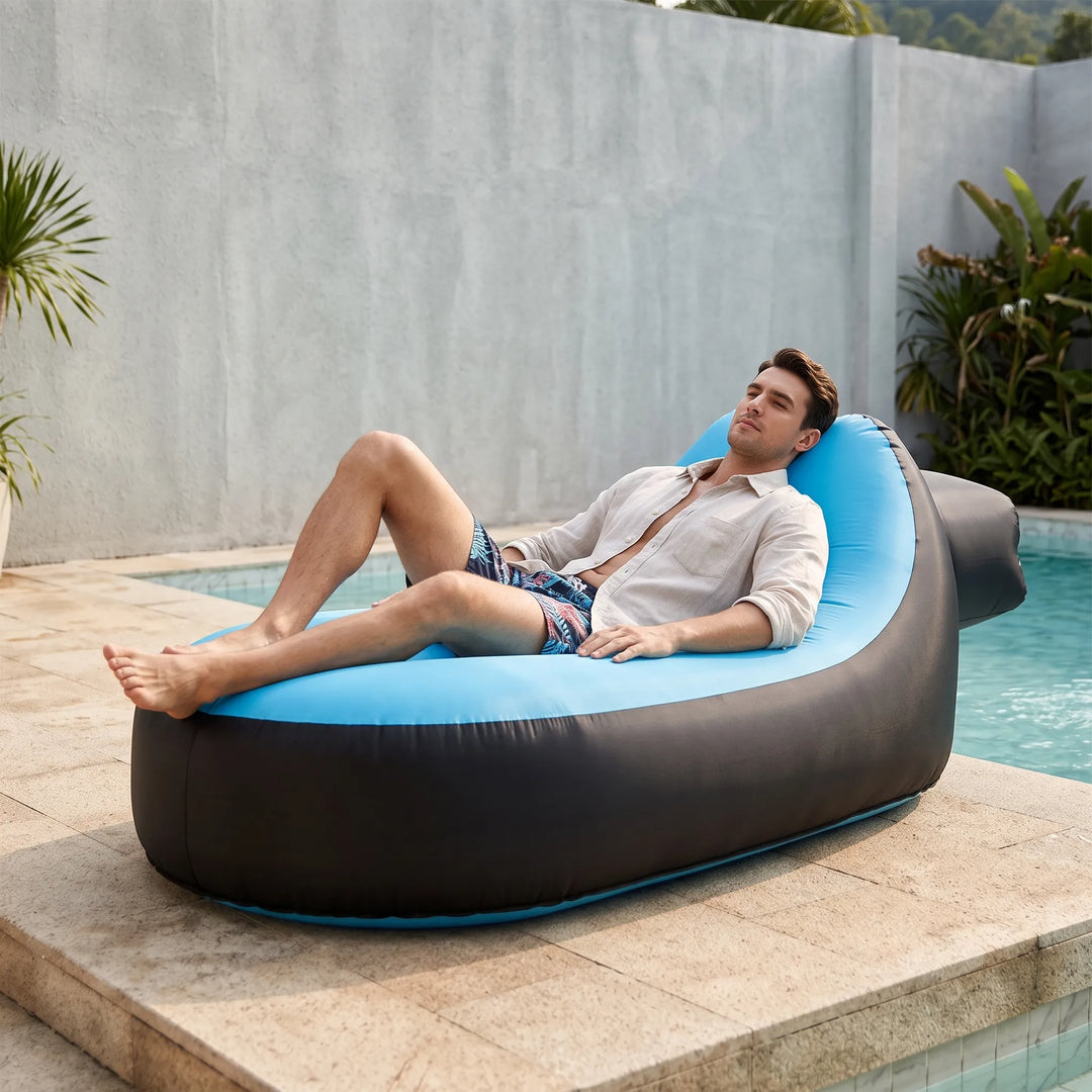 Portable inflatable outdoor lounger. Perfect for beach, camping, garden relaxation. Easy setup travel comfort.