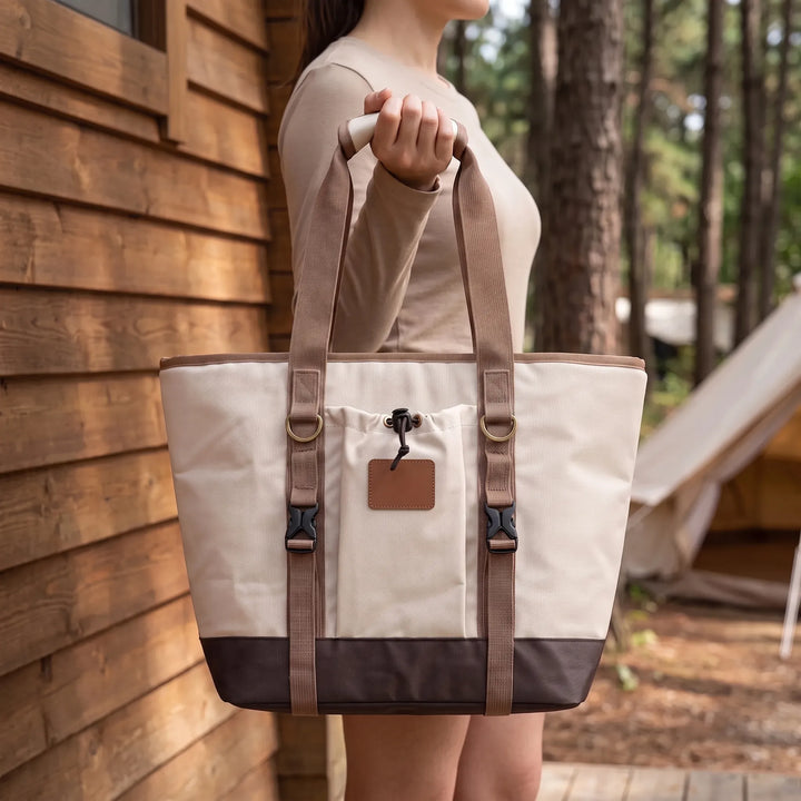 Portable insulated cooler bag for picnics & camping. Unisex lunch tote, foldable for easy travel.