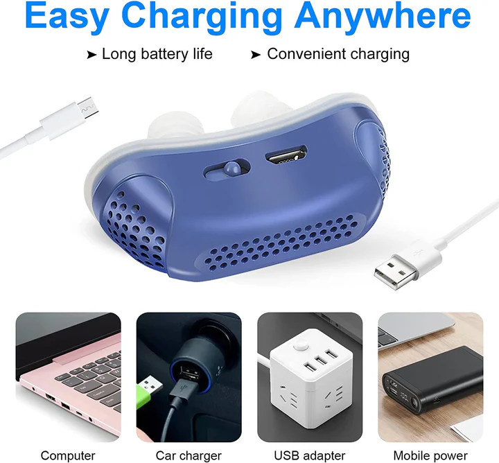 Quiet anti-snoring CPAP device. Portable sleep aid for sleep apnea relief & maskless comfort.