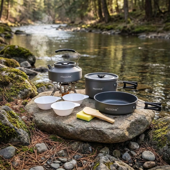 Portable nonstick camping cookware set for outdoor hiking and backpacking. Compact mess kit for travel camp kitchen.