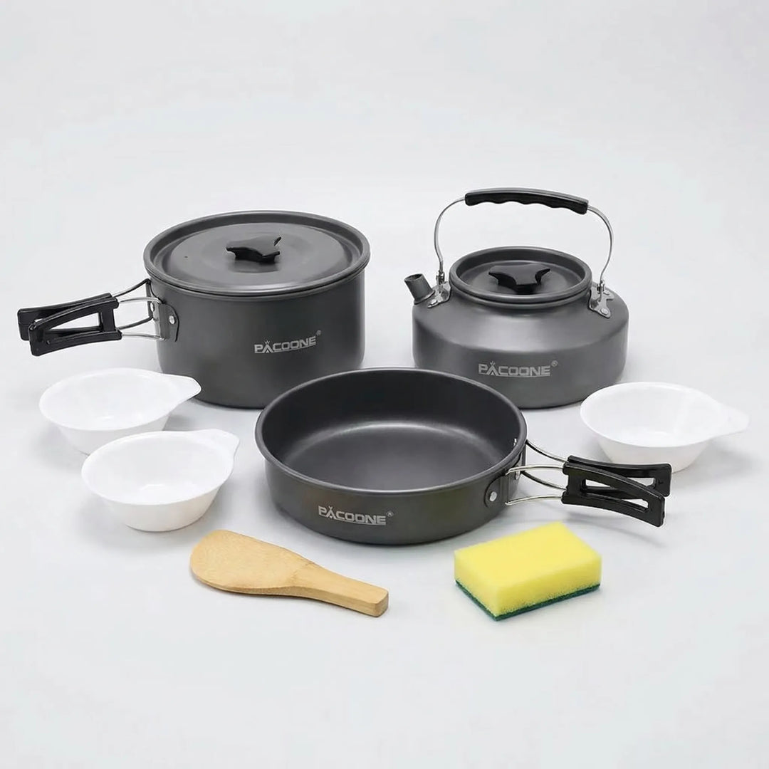 Durable outdoor camping cookware set with pots & pan. Ideal portable mess kit for hiking & travel cooking.