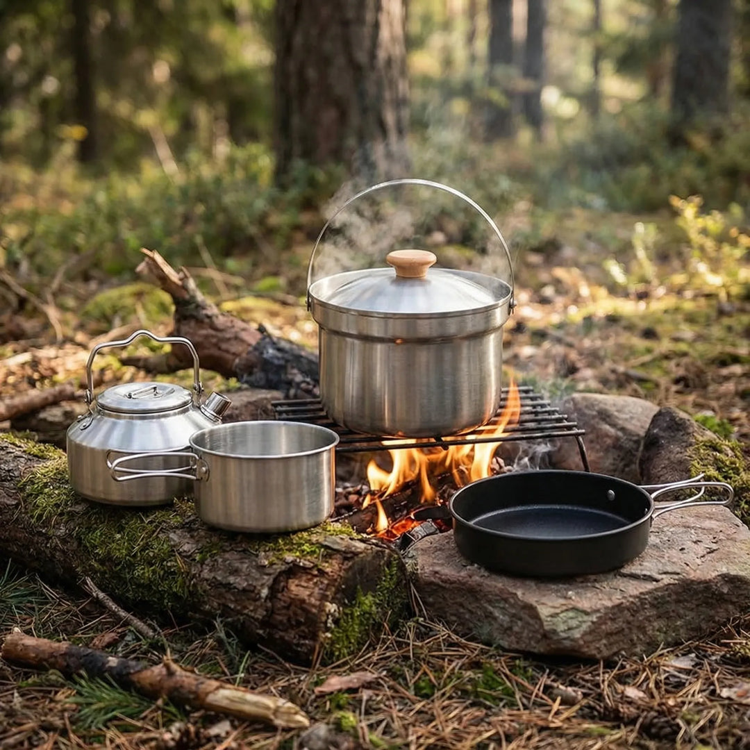 Portable outdoor camping cookware set with pots, frying pan & kettle for hiking & travel cooking adventures.