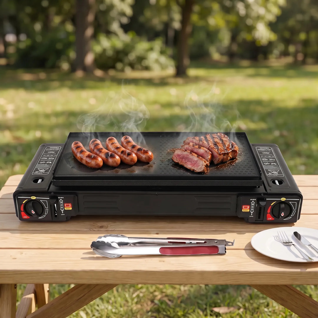 Portable outdoor camping stove with dual burners, perfect for cooking meals during picnics and backpacking trips.