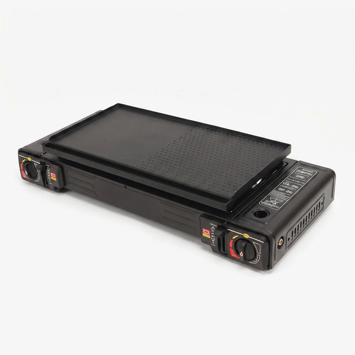 Compact camping cooktop featuring two powerful burners, ideal for outdoor kitchen setups and tabletop grilling.