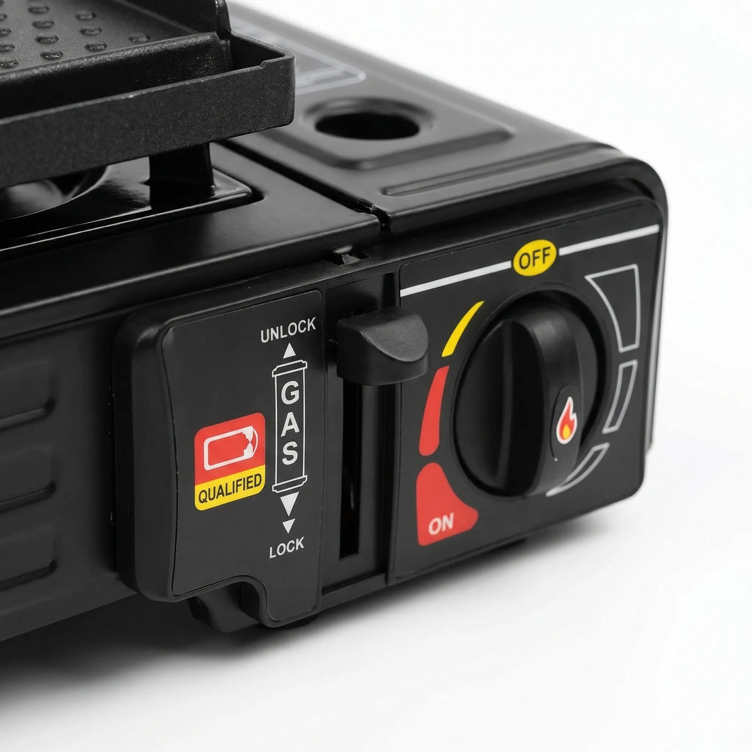 Rugged dual burner camping stove, designed for easy outdoor cooking and heating during hiking and family picnics.