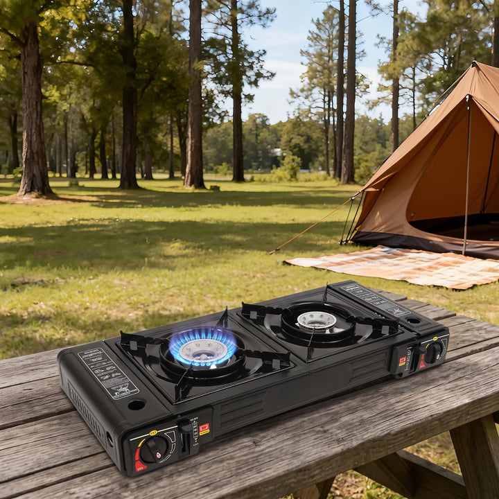 Lightweight portable stove with two burners for camping, backpacking, and outdoor adventures; easy to set up.