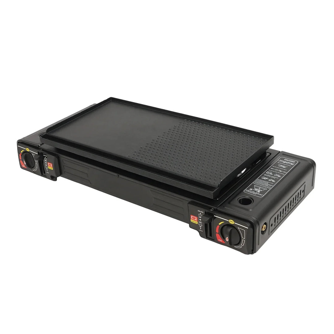 Outdoor cooktop with dual high-performance burners, essential gear for campers, hikers, and picnic enthusiasts.