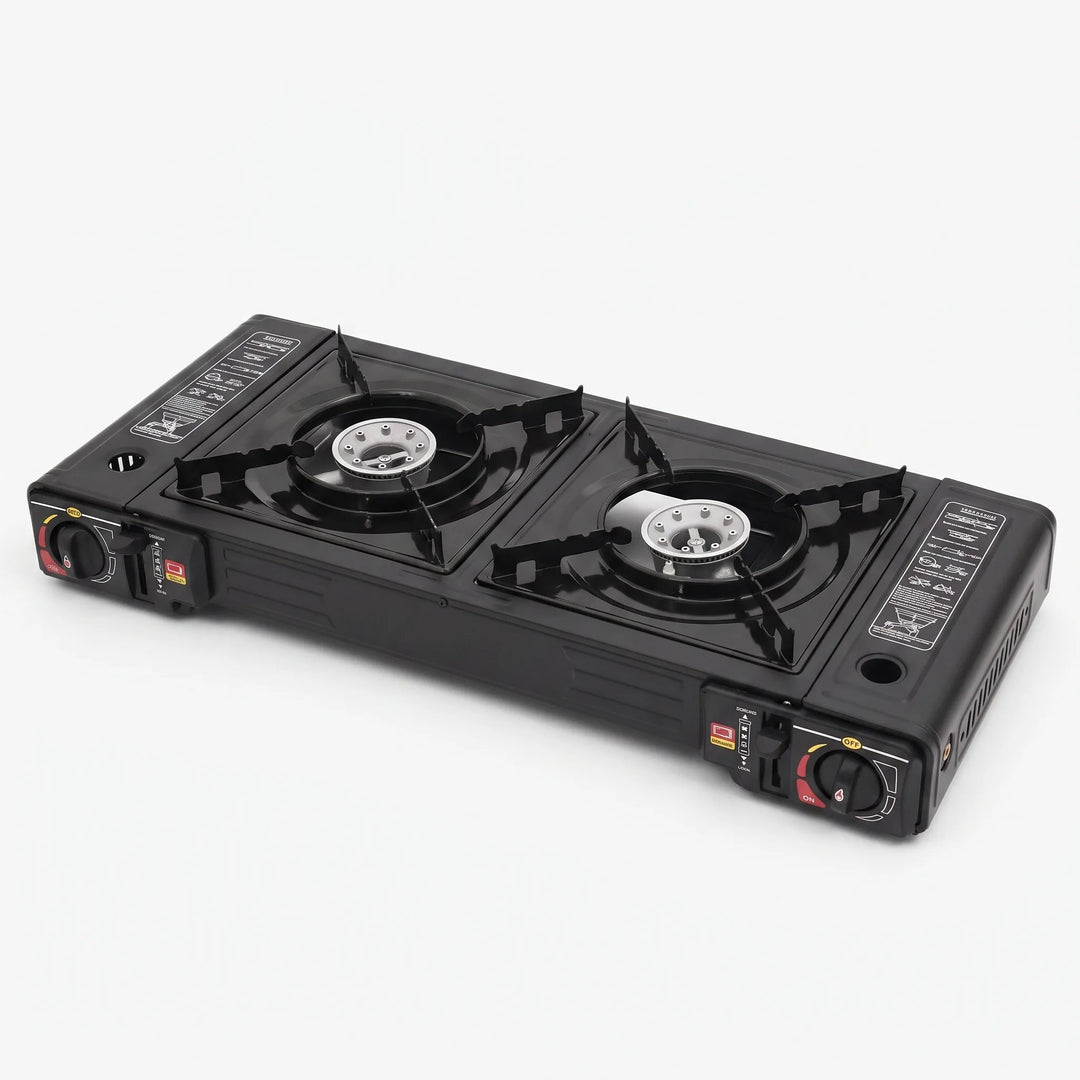 Versatile tabletop camping stove, offering dual burners for efficient outdoor meal preparation in any setting.