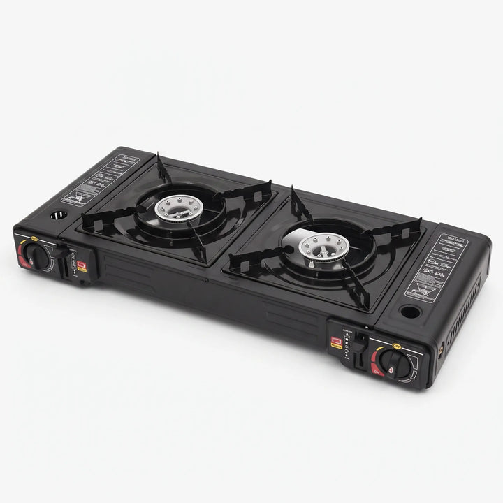 Versatile tabletop camping stove, offering dual burners for efficient outdoor meal preparation in any setting.