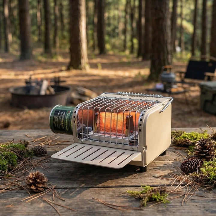 Portable outdoor cassette gas heater, perfect for camping, hiking, fishing. Compact tabletop design for easy warmth.