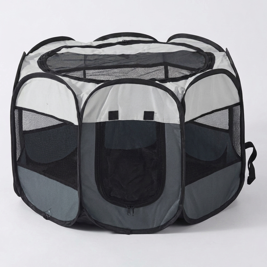 Outdoor pet tent & playpen for cats and dogs, portable, breathable, and easy to set up for travel.