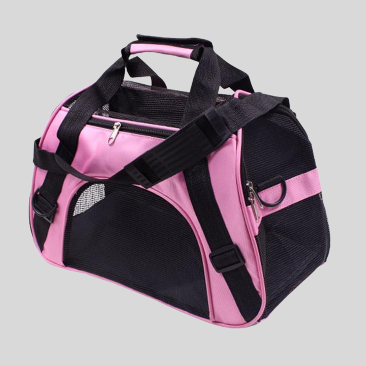 Soft-sided pet carrier bag in black, designed for comfortable travel for puppies and kittens.