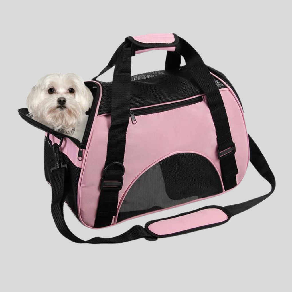 Compact and portable pet carrier with breathable mesh, suitable for small dogs and cats.
