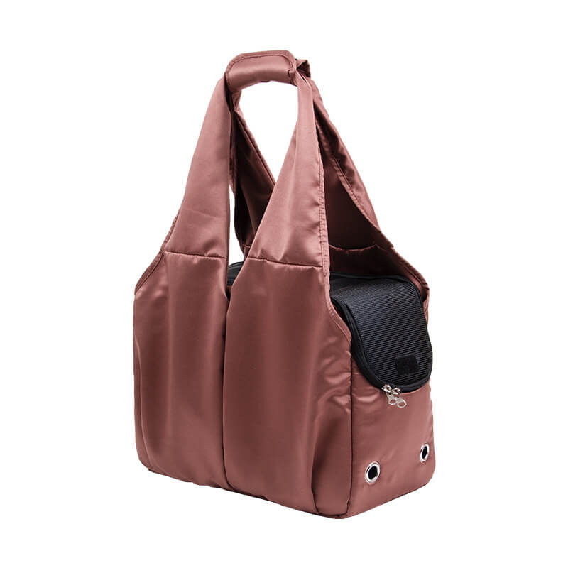 Durable pet carrier shoulder bag featuring mesh windows for ventilation, black color, travel ready