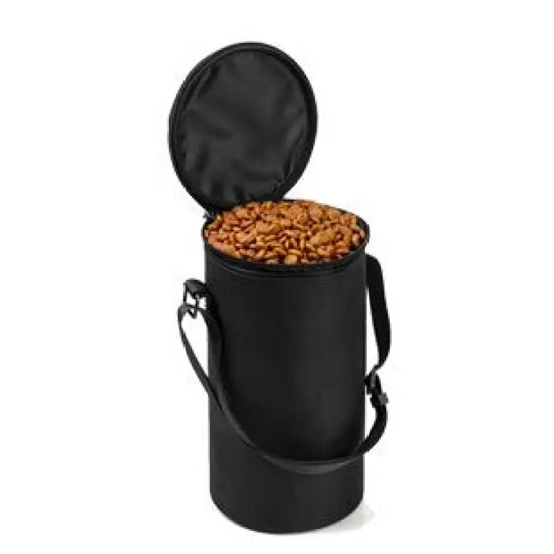 Portable pet food storage bag with carrying handle, ideal for dog or cat food travel supplies.