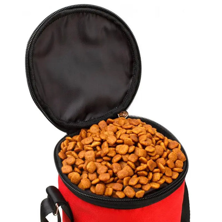 Pet supplies food storage container, portable for travel, with strong handle for easy transport.