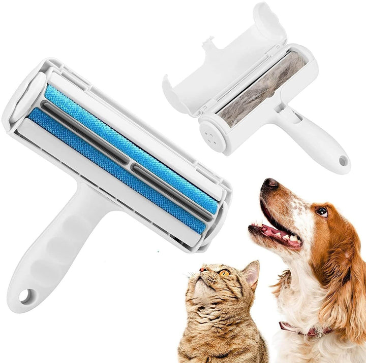 Portable pet hair remover roller for furniture, efficiently cleaning cat and dog fur from upholstery.