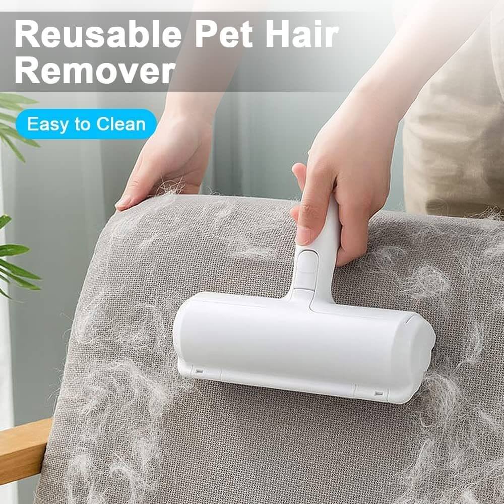 Compact pet fur removal tool, ideal for quick cleanups on furniture and garments at home or while traveling.