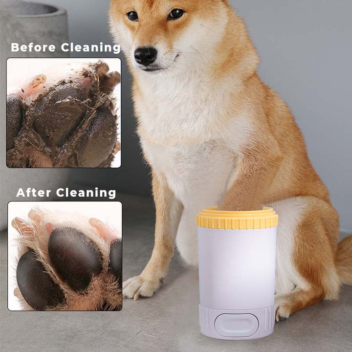 Dog enjoying clean paws after using the portable pet paw cleaner, a travel-friendly pet grooming supply.