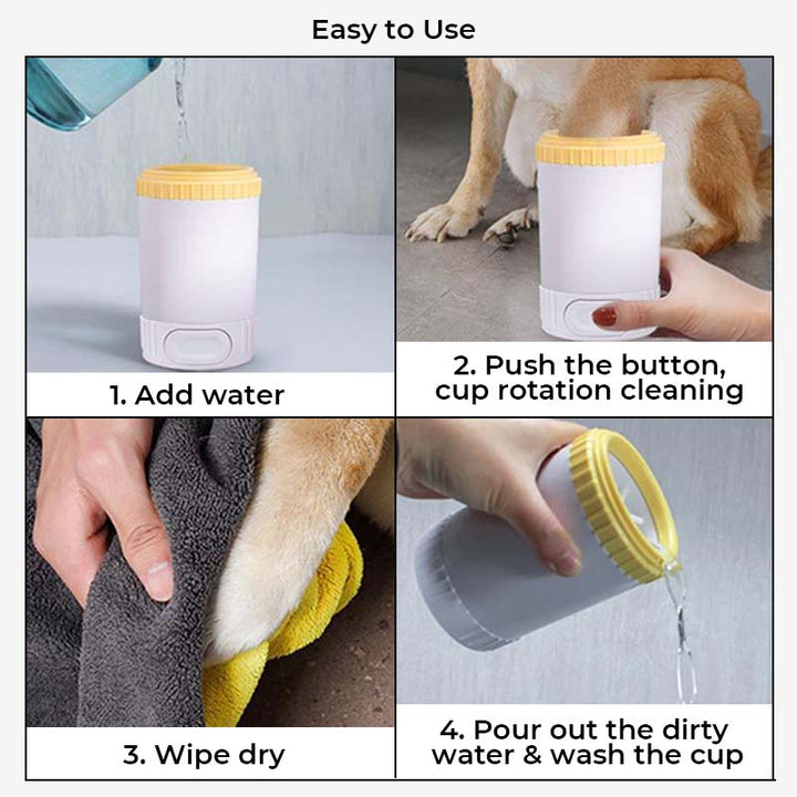 Hand holding a portable pet paw cleaner for dogs, demonstrating its compact size and easy-to-use design.