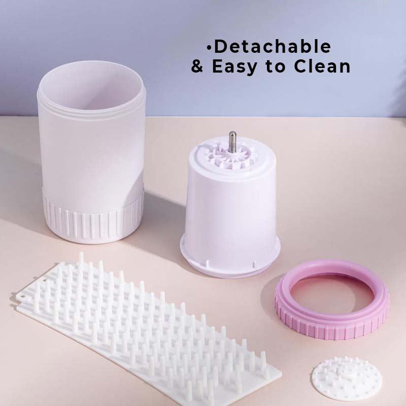 Various sizes of portable dog paw cleaners in a row, highlighting options for different dog breeds and pet hygiene needs.