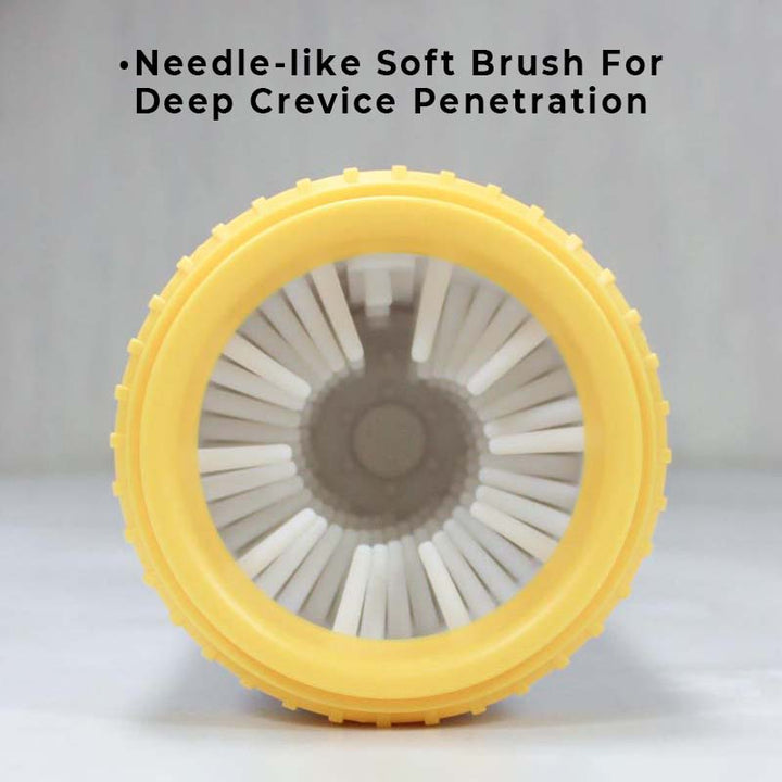 Portable pet paw cleaner disassembled, showing the removable silicone brush for easy cleaning and pet care.