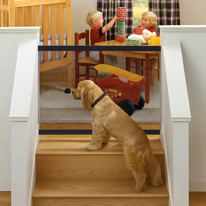 Portable pet safety gate for dogs & cats, flexible indoor/outdoor barrier, easy to set up for home security.