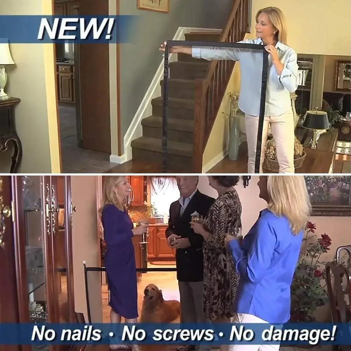 Flexible dog gate for doorways & stairs, portable safety barrier keeps pets secure in any room or area.