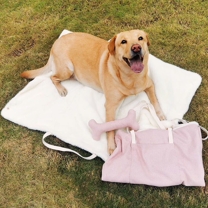 Portable pet travel mat for dogs and cats, soft and comfortable for car or camping adventures.