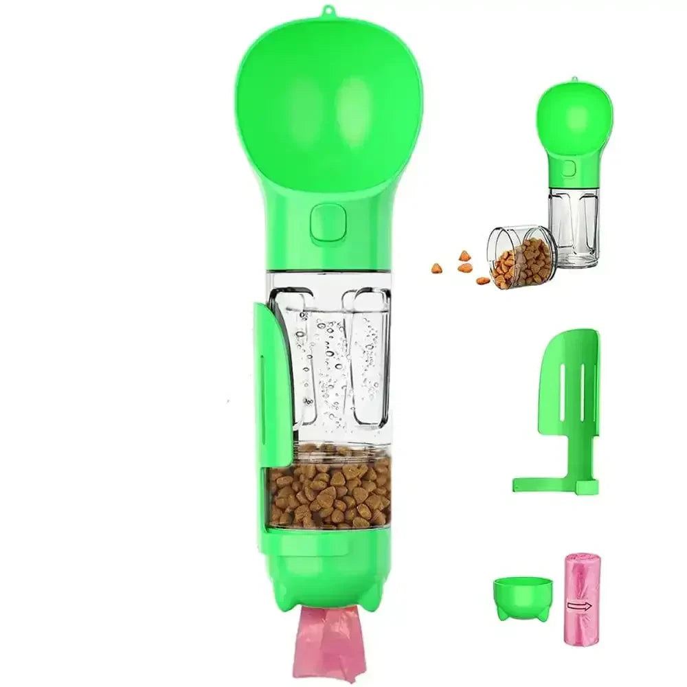 Unisex pet travel bottle with built-in food compartment and attached scoop