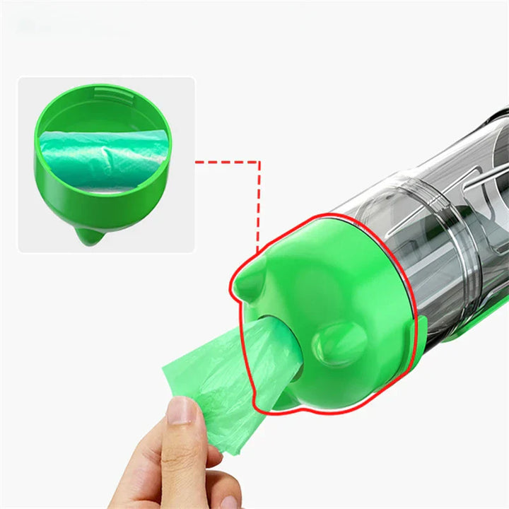 Compact pet feeder kit: travel water bottle with food storage & waste scoop