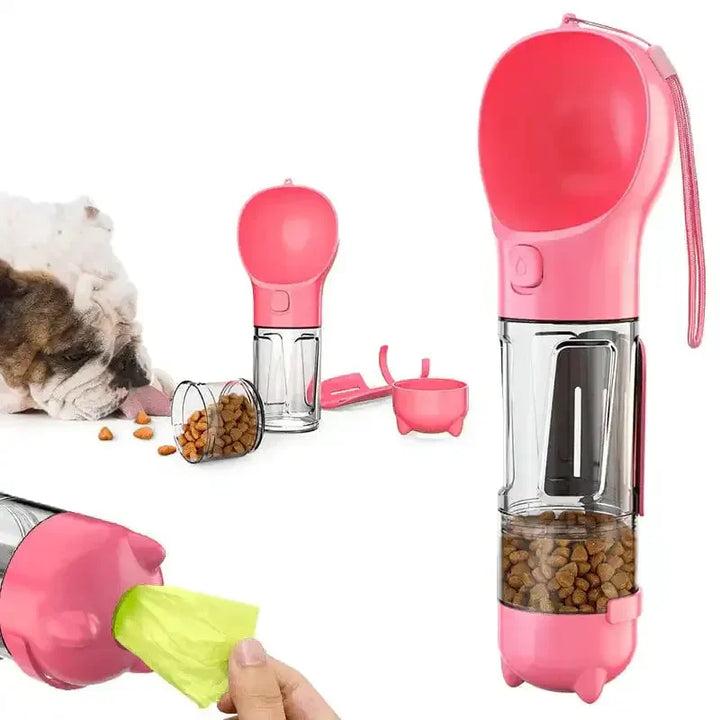 Dog accessories: portable pet water bottle with food dispenser for walks