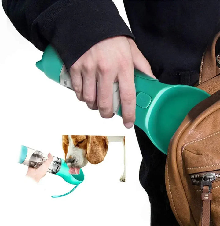 Durable pet snack holder and water bottle combo with convenient attached scoop