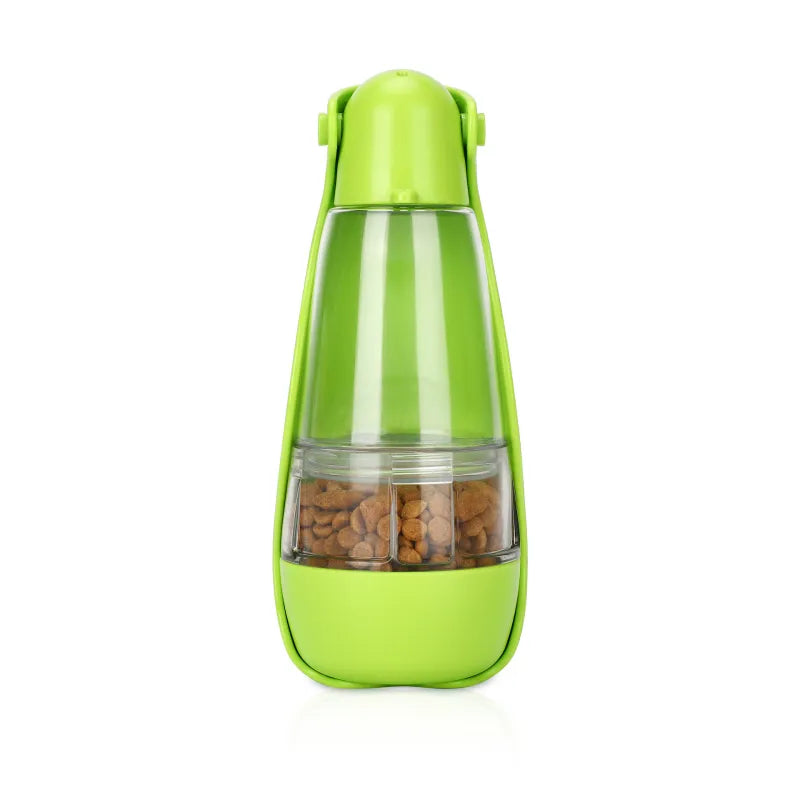 Leak-proof portable feeder for pets, includes a water bottle and a cup for dry food or treats