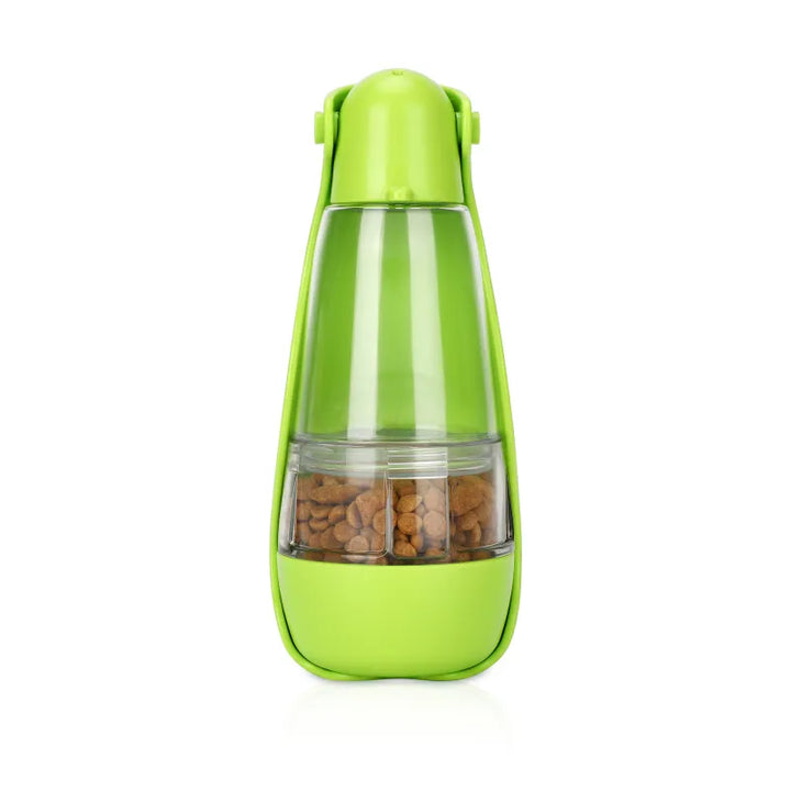 Leak-proof portable feeder for pets, includes a water bottle and a cup for dry food or treats