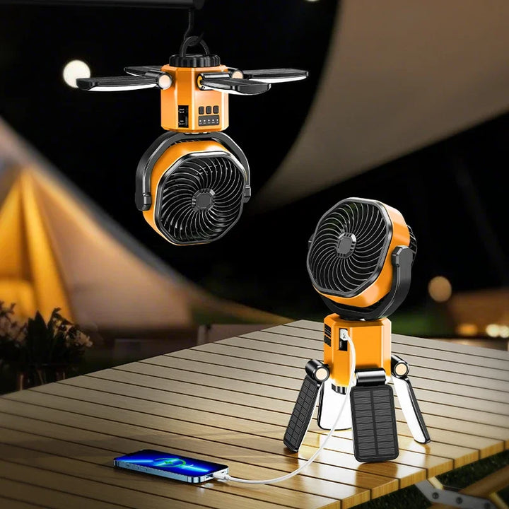 Portable rechargeable outdoor fan with LED light. Perfect for camping, travel, and tents.