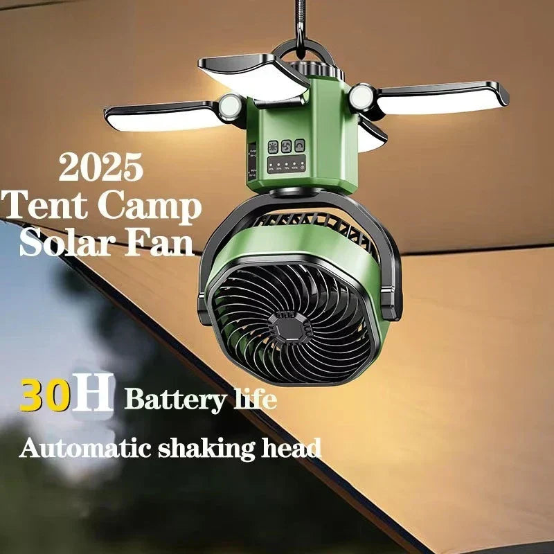 Rechargeable fan with integrated LED light & USB power bank. Ideal for camping and emergencies.