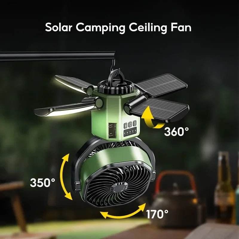 Outdoor camping fan with bright LED light and USB charging. A must-have for tents and adventures.