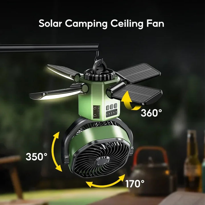 Outdoor camping fan with bright LED light and USB charging. A must-have for tents and adventures.