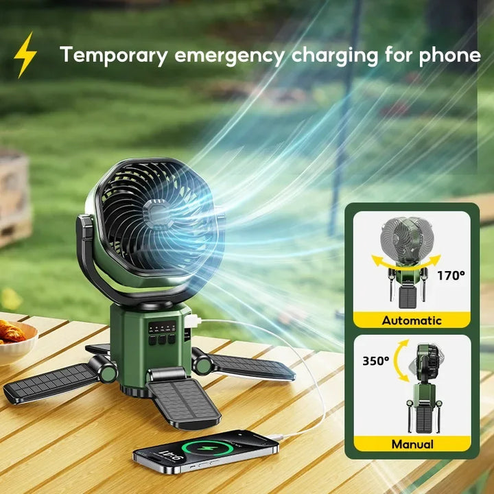 Versatile portable fan, USB rechargeable with LED lamp. Great for outdoor, camping, and travel.
