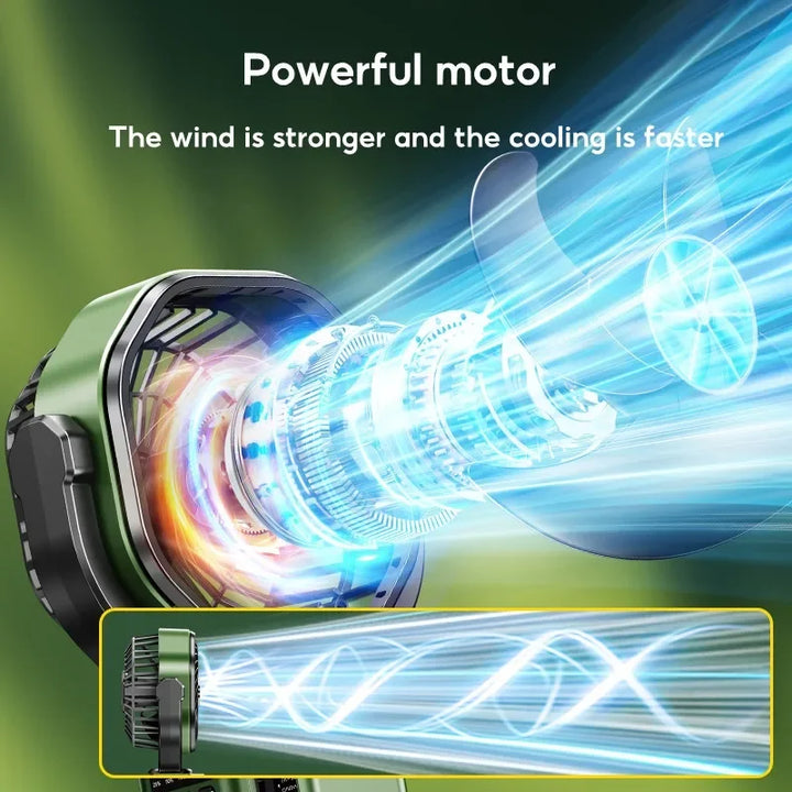 Tent fan with LED light, USB power bank, and long-lasting battery. Perfect for outdoor comfort.