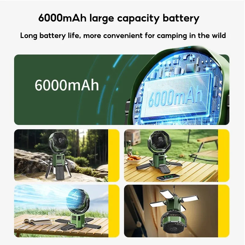 Powerful portable outdoor fan with bright LED light and USB power bank function for devices.