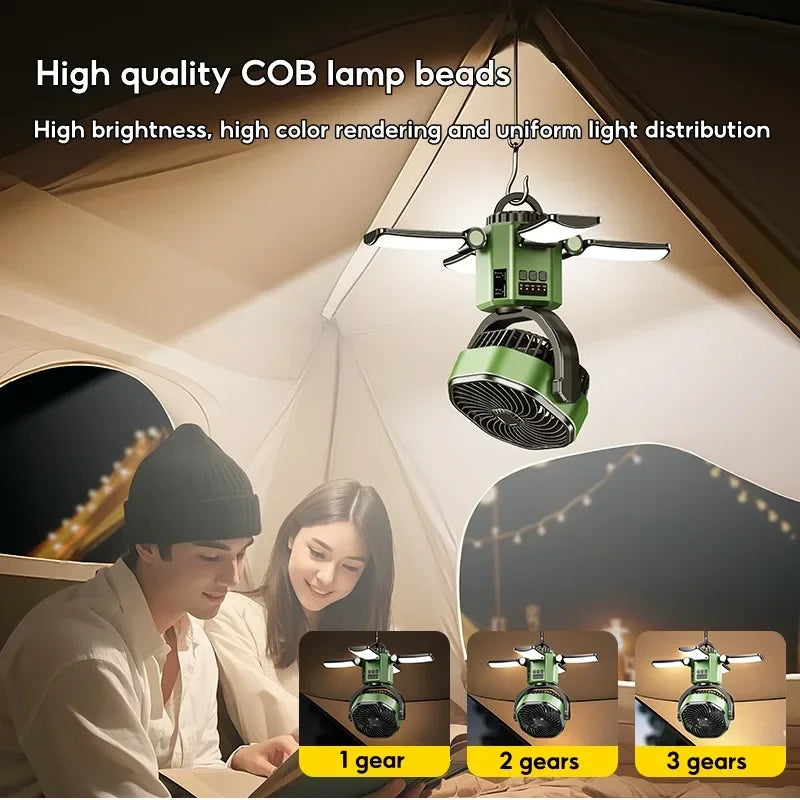 Compact rechargeable travel fan with built-in LED light for camping, hiking, and outdoor use.